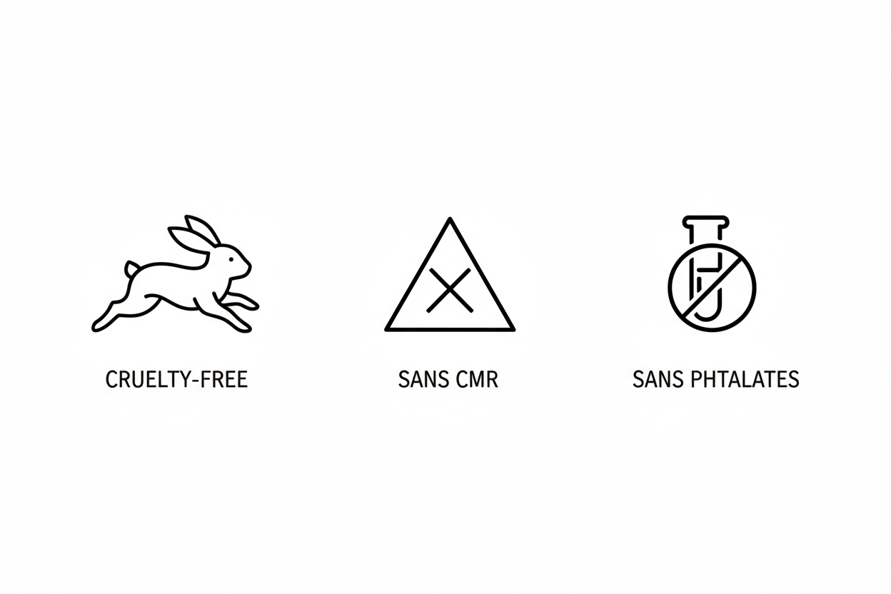 Logos cruelty-free, sans CMR et sans phtalates sur fond blanc